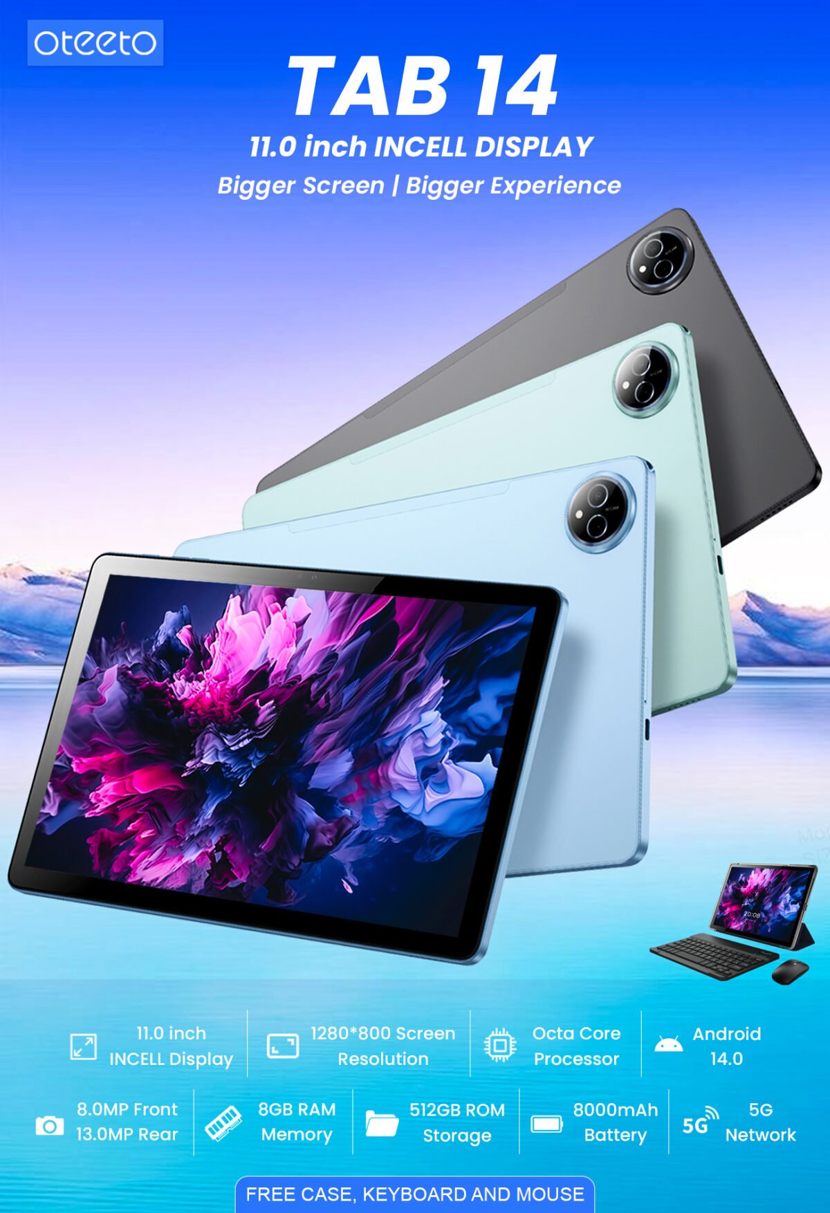 Oteeto Tab 14 5G Tablet – 11" IPS Display, 8GB RAM, 512GB Storage, Android 14, Dual SIM, 8000mAh Battery, - Image 3