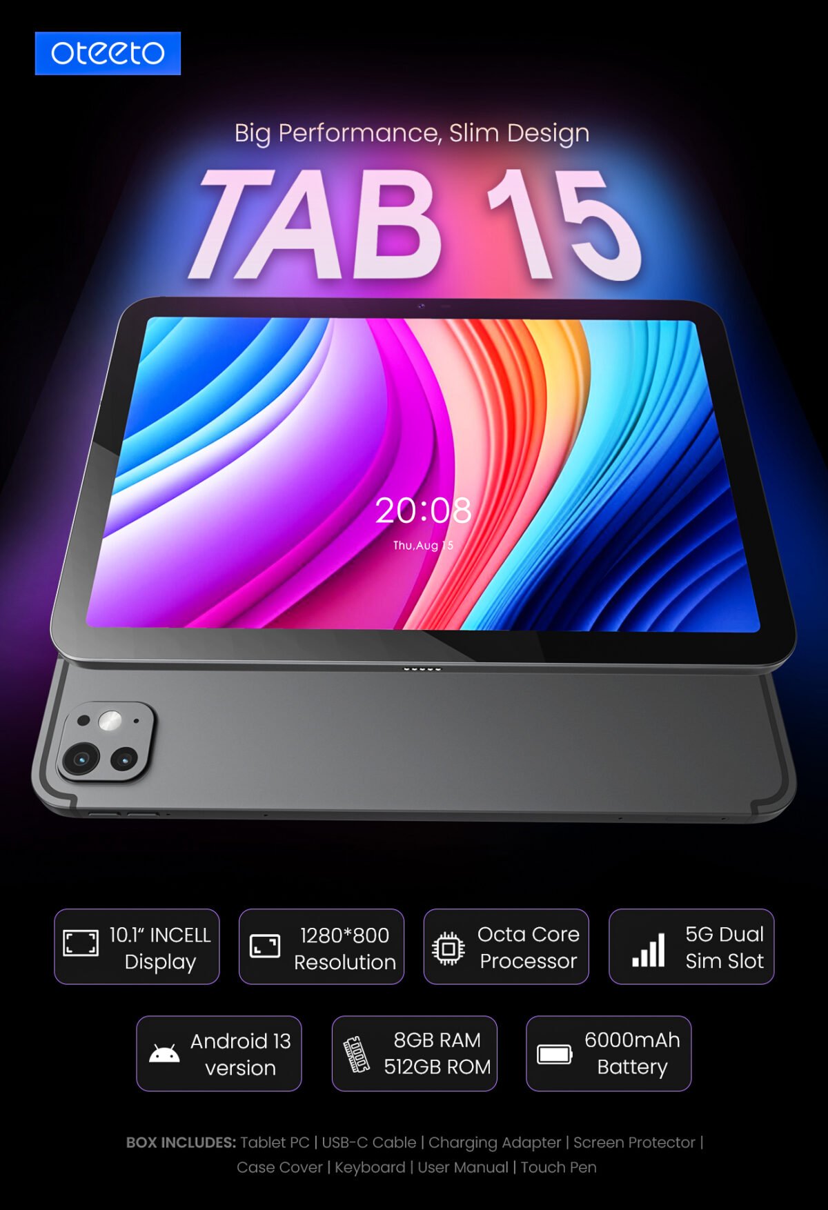 Oteeto Tablet 15 – 10.1" 5G Android 13 Tablet with 8GB RAM, 512GB Storage, Dual SIM, - Image 4