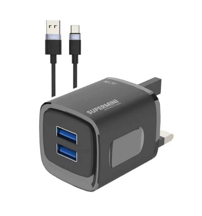 pawa-super-mini-travel-charger-tcsp3ukt-with-dual-usb-ports-.png Pawa Super Mini Travel Charger TCSP3UKT with Dual USB Ports + Braided USB-A to USB-C Cable – Fast Charging Adapter (Price In Oman) - Image 1