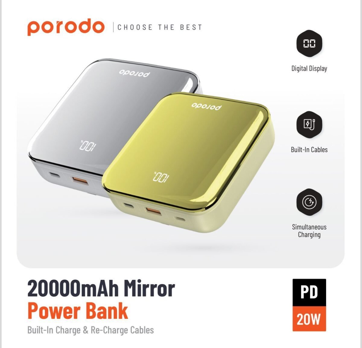 Porodo 20000mAh Mirror Power Bank with Built-in Type-C & Lightning Cables, 20W PD Fast Charging, Digital Display, - Image 2