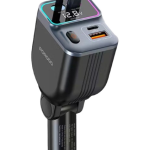 Porodo 65 W Car Charger PDFWCH068 – Dual Retractable Lightning & USB‑C Cables, Fast Charging & LED Ambient Light –