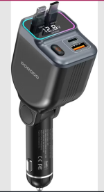 Porodo 65 W Car Charger PDFWCH068 – Dual Retractable Lightning & USB‑C Cables, Fast Charging & LED Ambient Light – - Image 2