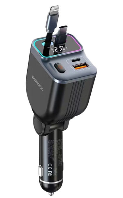 porodo-65-w-car-charger-pdfwch068-dual-retractable-lightning.png Porodo 65 W Car Charger PDFWCH068 – Dual Retractable Lightning & USB‑C Cables, Fast Charging & LED Ambient Light – - Image 1