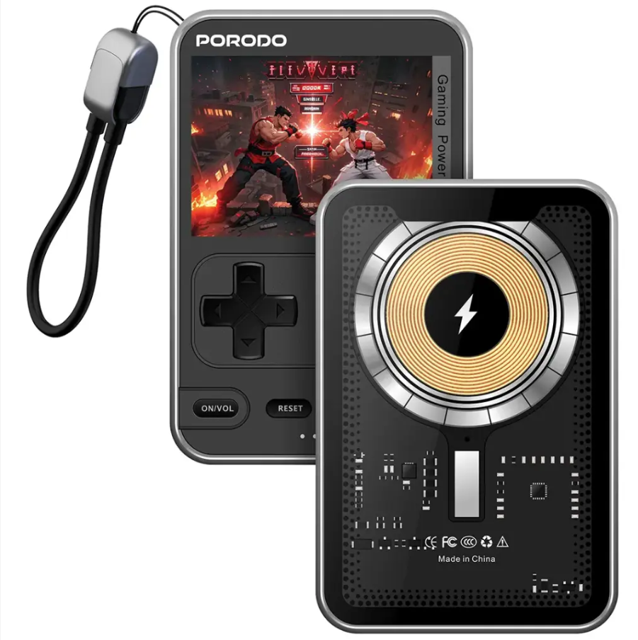 porodo-arcadevolt-5000-mah-magsafe-power-bank-pdpbxh003bk-20.png Porodo Arcadevolt 5000 mAh MagSafe Power Bank PDPBXH003BK – 20 W Fast Charge, 15 W Wireless & Built-In Game Console - Image 1
