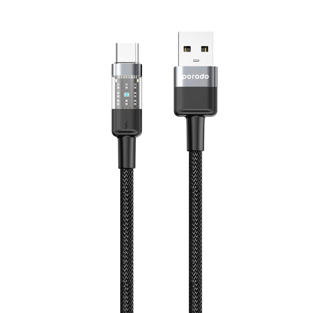 porodo-braided-3a-pd-usb-a-to-usb-c-fast-charging-cable-with.jpg Porodo Braided 3A PD USB-A to USB-C Fast Charging Cable with Transparent Head – 1.2m - 3AACTH - Image 1