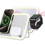Porodo LFST108 Multi-Device Wireless Charging Mirror with LED Light – MagSafe Compatible, Adjustable Stand, 3-in-1 Charger,
