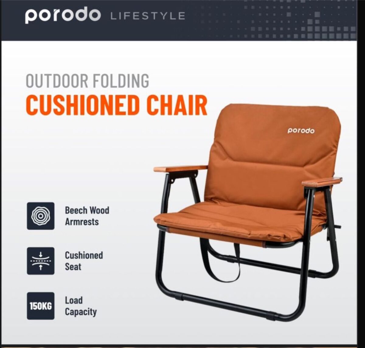 Porodo Lifestyle Camping Foldable Cushioned Chair – Lightweight Aluminum Frame, 150kg Load Capacity, - Image 2