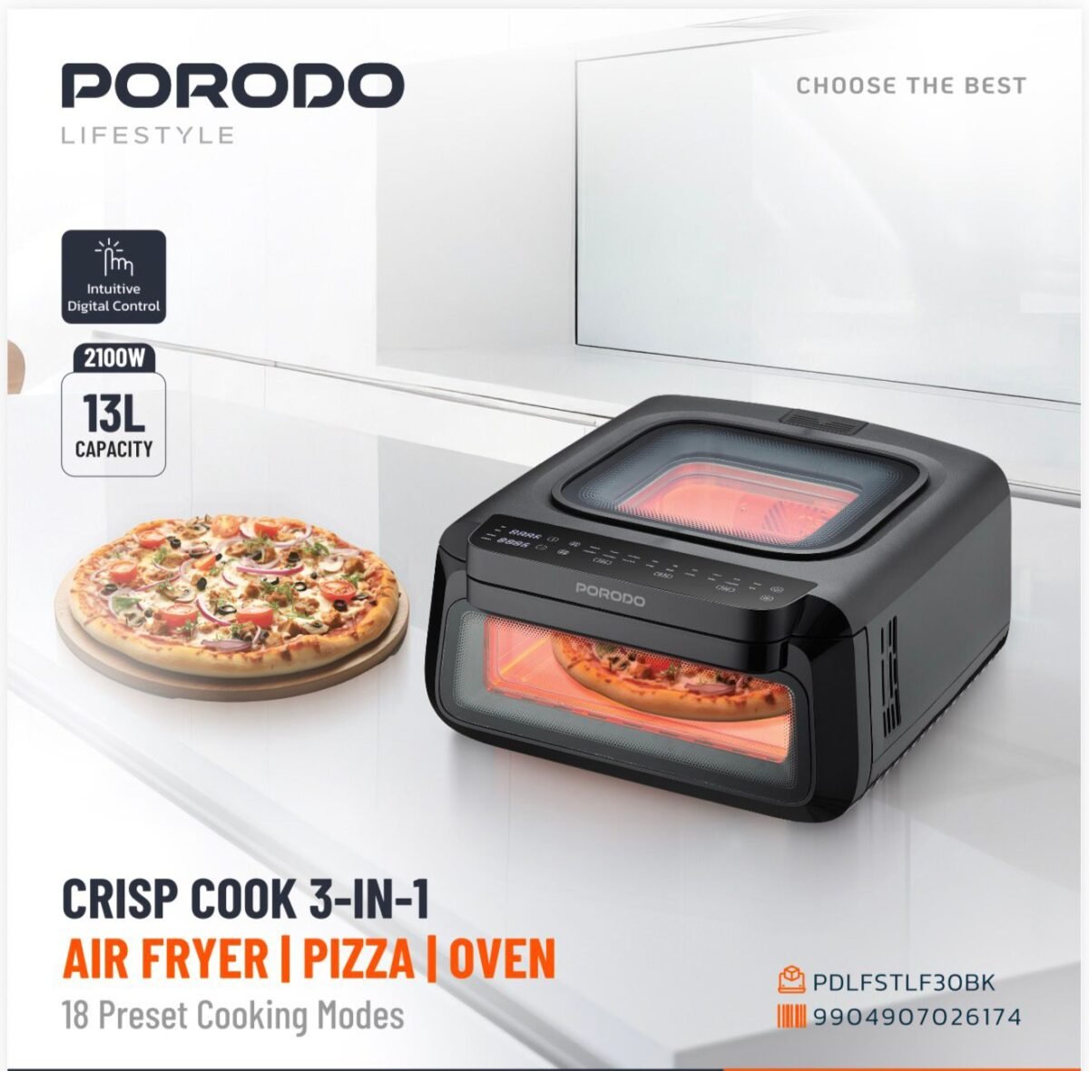 Porodo Lifestyle Crisp Cook 3-in-1 Air Fryer & Pizza Oven (13 L / 2100 W) – Model PDLFSTLF30BK - Image 5