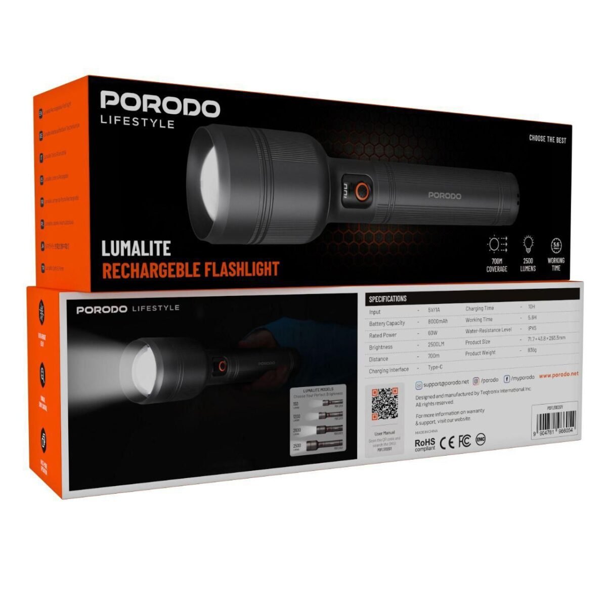 Porodo Lifestyle Lumalite 2500 – 2500 LM Rechargeable Flashlight | Long-Range 700 m & USB-C Torch - Image 6