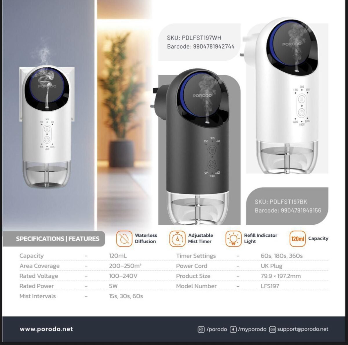 Porodo Lifestyle Wall Plug‑In Essential Oil Diffuser – 120 mL Waterless Aroma & Adjustable Mist Timer – - Image 3