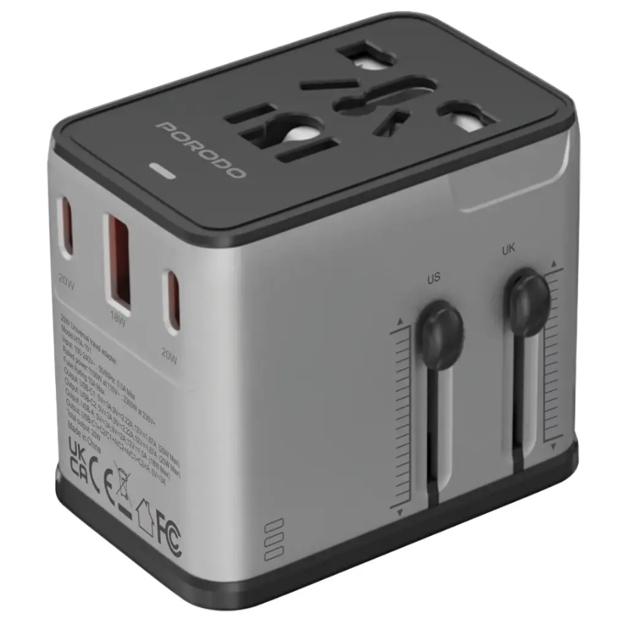 porodo-megavolt-universal-travel-adapter-pd-20w-pdfwch088sl-.png Porodo Megavolt Universal Travel Adapter PD 20W PDFWCH088SL – Global Plug + USB-C / USB-A Fast Charging - Image 1