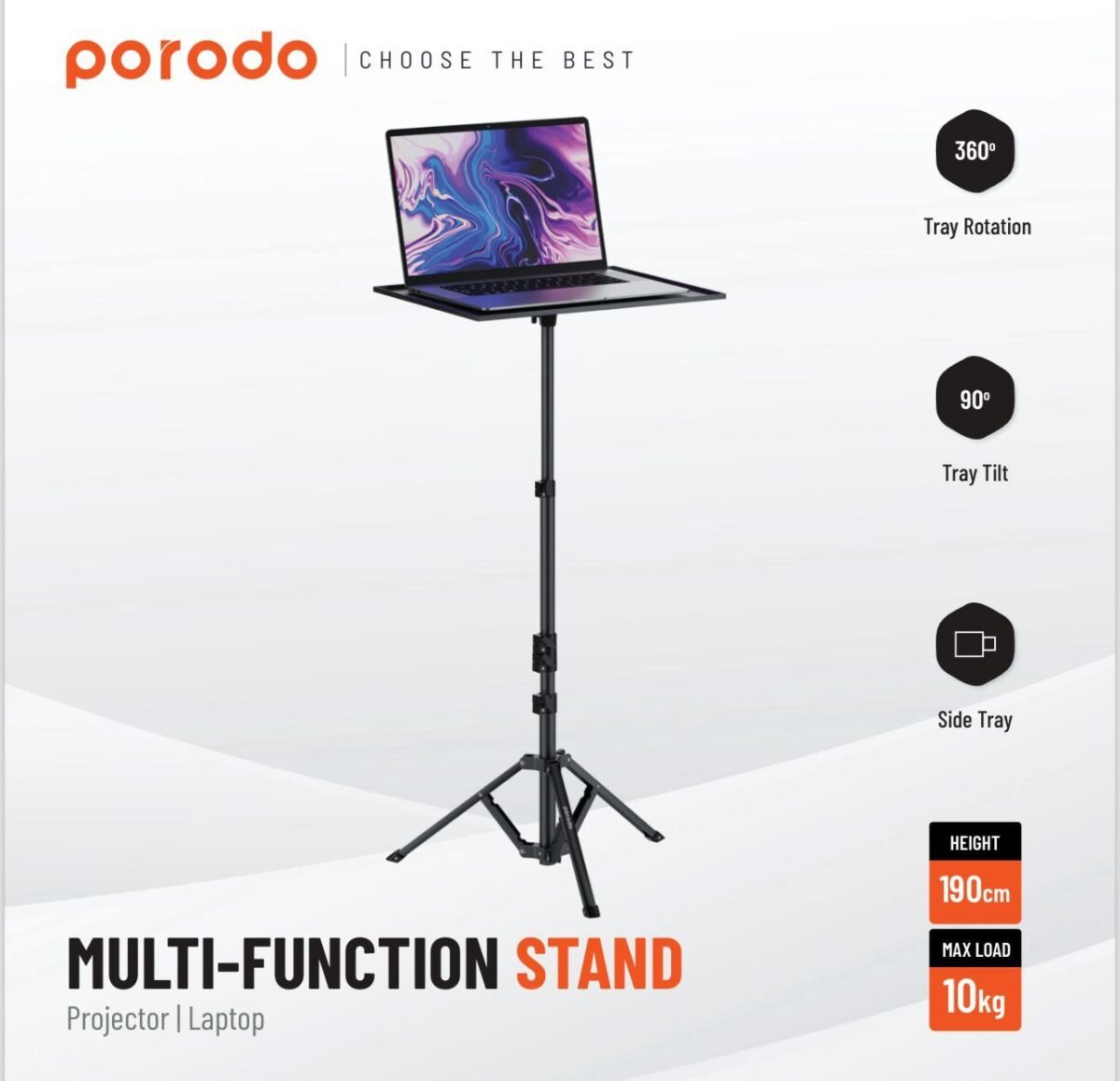 Porodo Multi-Function Laptop & Projector Stand – Adjustable Height up to 190cm, 360° Tray Rotation, Best Price In Muscat Oman - Image 3