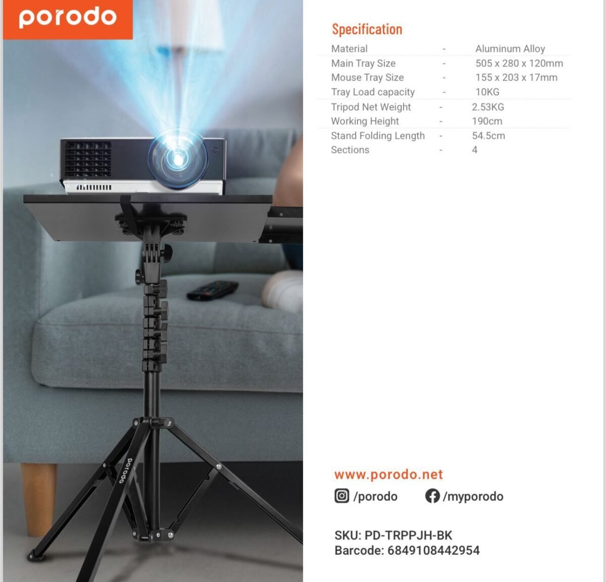 Porodo PD-TRPPJH-BK Multinational Laptop & Projector Stand – Adjustable Height up to 190cm, 360° Tray Rotation, 90° Tilt, 10kg Load Capacity – Ideal for Office, Home, - Image 6