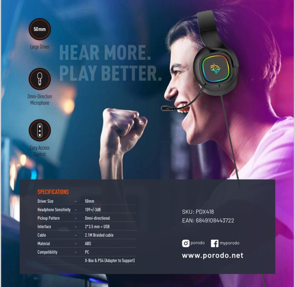 Porodo PDX418 RGB Gaming Headset – 50mm Drivers, Detachable Omni-Directional Microphone, - Image 2