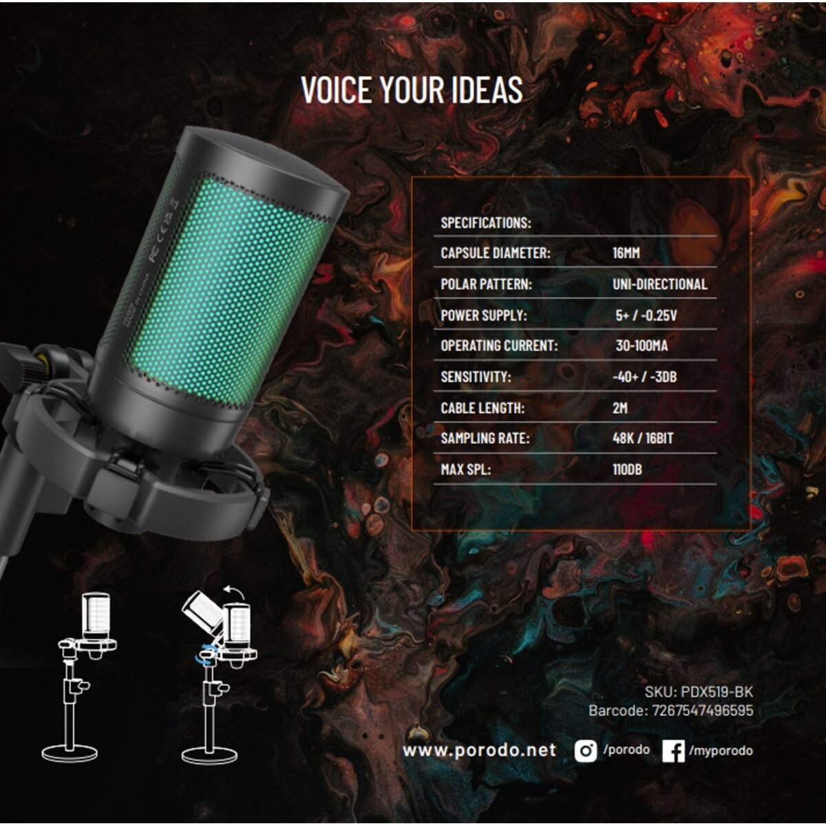 Porodo Professional RGB Condenser Microphone PDX519 – USB-C, Studio Quality, Touch Mute, Shock Mount, Extension Stand – - Image 3
