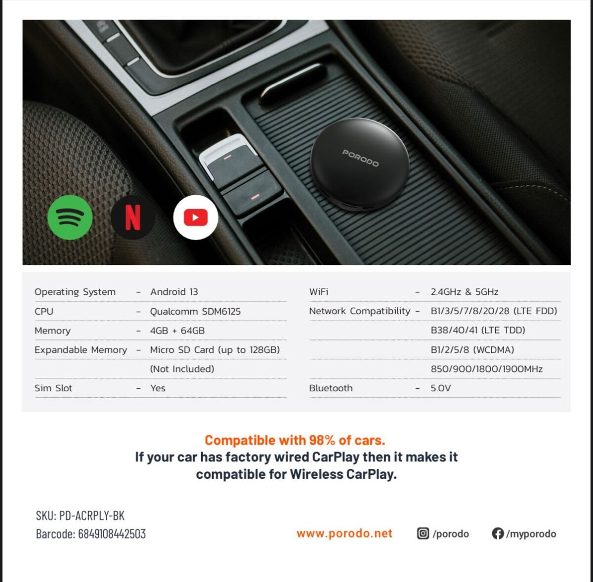 Porodo Wireless Carplay & 4G Router – Convert Wired to Wireless Carplay with Split Screen Support, - Image 2