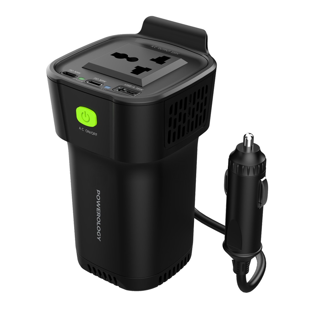 powerology-150w-cup-holder-power-inverter-dual-usb-c-usb-a-q.jpg Powerology 150W Cup Holder Power Inverter – Dual USB-C & USB-A QC3.0 Car Charger (P150INV) - Image 1