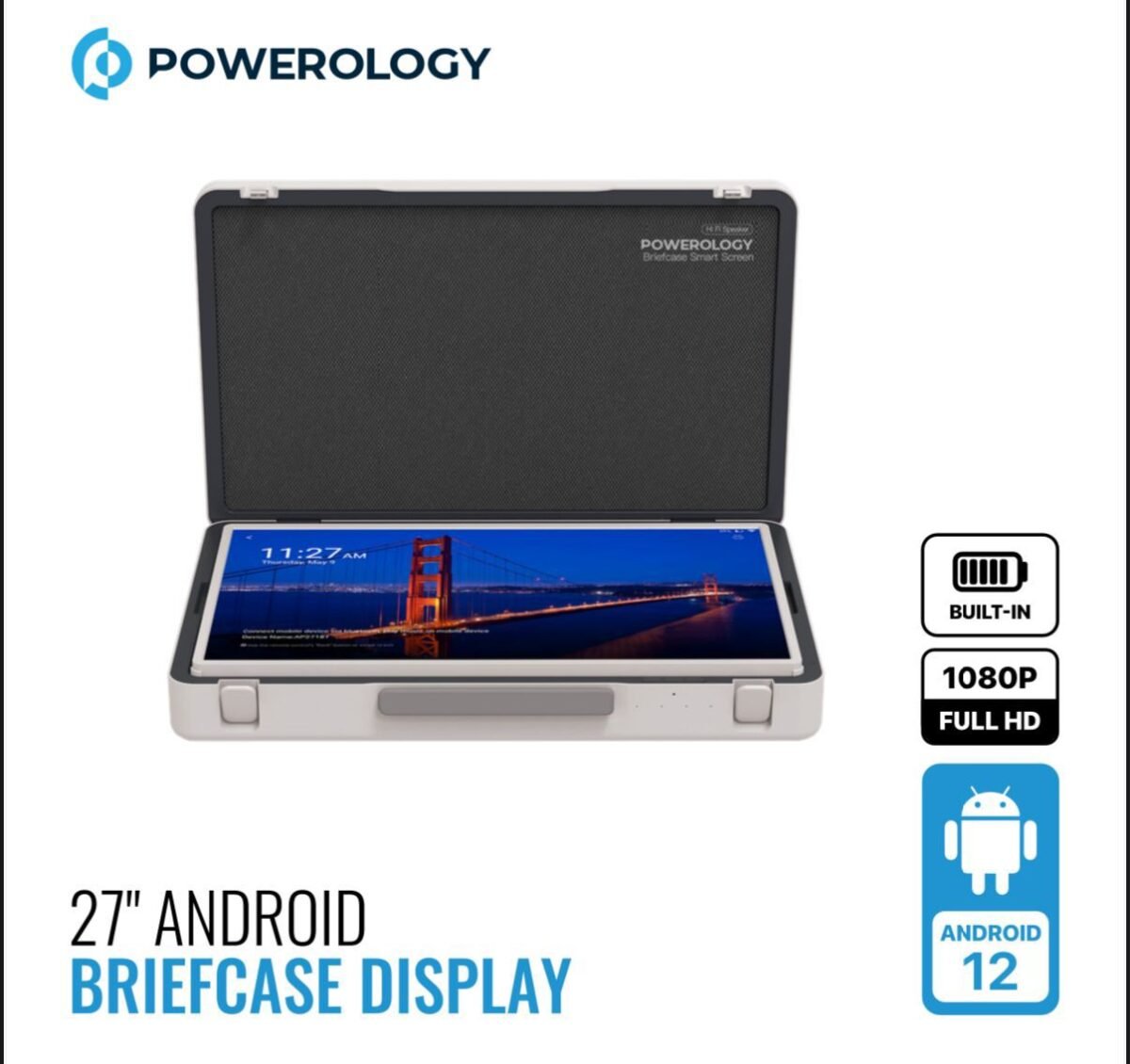 Powerology 27" Android Briefcase Display PUHD27WH – Full HD Touchscreen, 8GB RAM, 128GB Storage, WiFi 6, Bluetooth 5.2, - Image 3