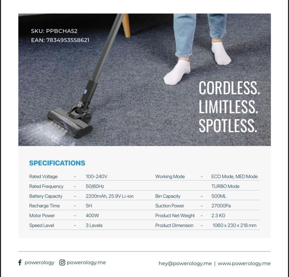 Powerology Cordless Stick Vacuum Cleaner PPBCHA53 – 350W Motor, 27000Pa Suction, HEPA Filter, 500ml Dustbin, 3-Speed Modes, Detachable Battery, - Image 5