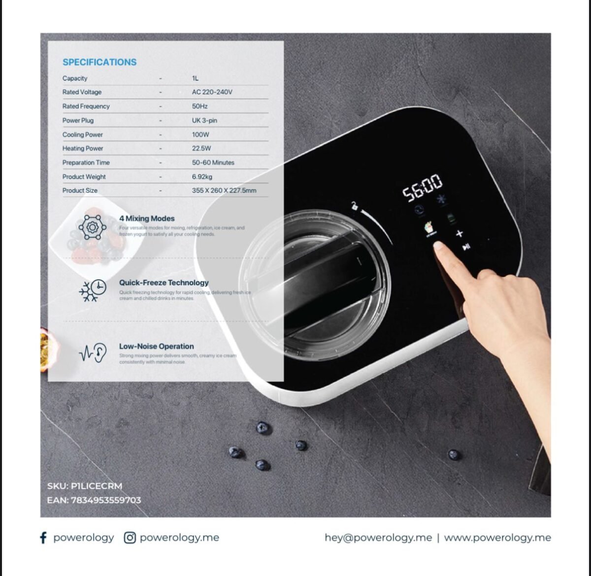 Powerology Ice Cream & Frozen Yogurt Machine P1 LICENCE – Homemade Ice Cream Maker - Image 4