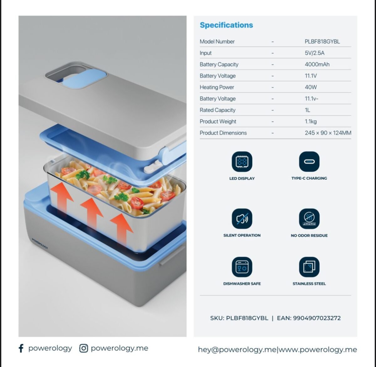 Powerology Lumo Portable Heated Lunch Box – 1 L 4000 mAh Battery, Smart Heating, Freshness Lock, LED Display - Image 4
