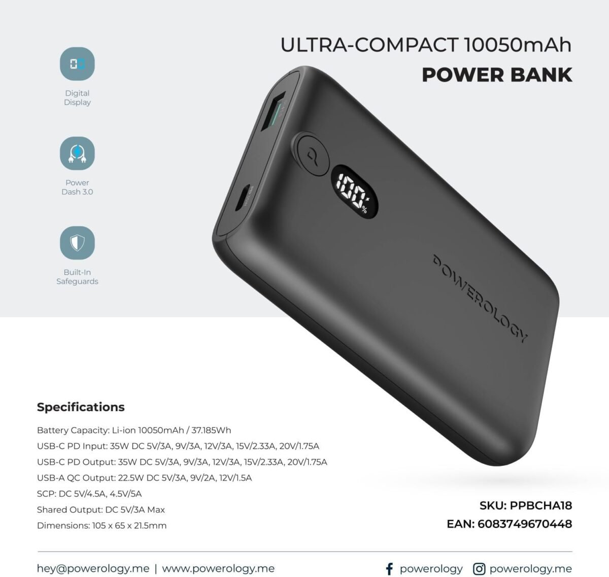Powerology Onyx 10050 mAh PD 35 W Power Bank – Fast Charge Dual-Port Portable Charger with Digital Display (Price In Oman) - Image 2