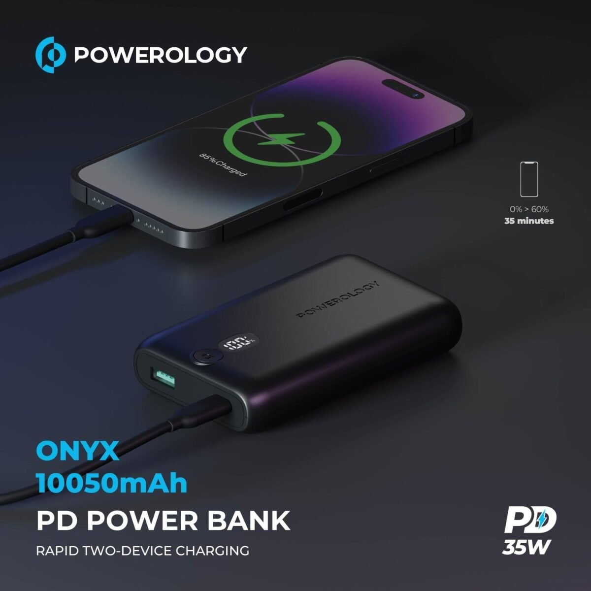 Powerology Onyx 10050 mAh PD 35 W Power Bank – Fast Charge Dual-Port Portable Charger with Digital Display (Price In Oman) - Image 4