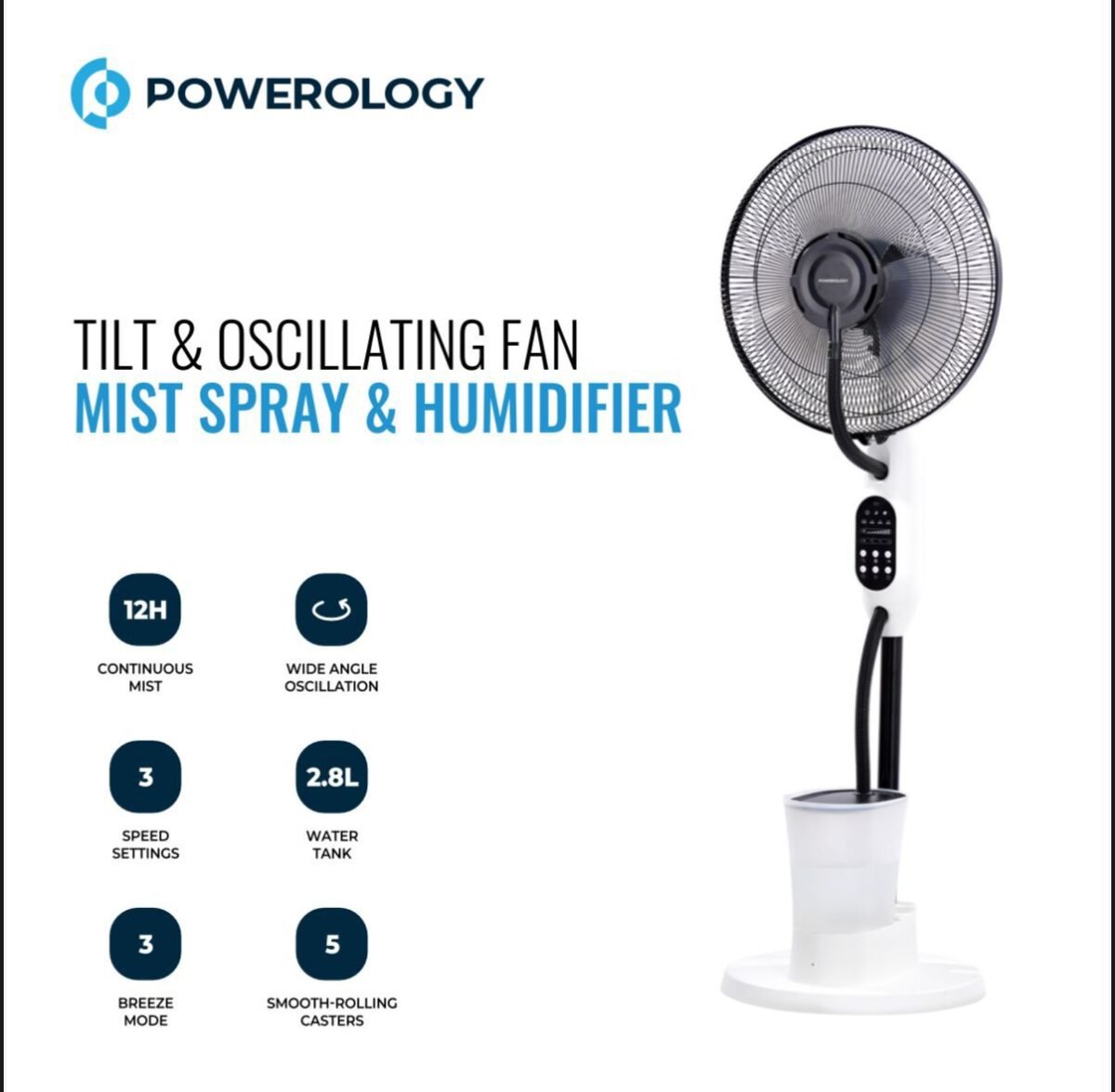 Powerology PMFAN75W 16" Tilt & Oscillating Mist Fan with Humidifier – 75W, 2.8L Tank, 3-Speed Settings – Ideal for Oman Climate, - Image 5
