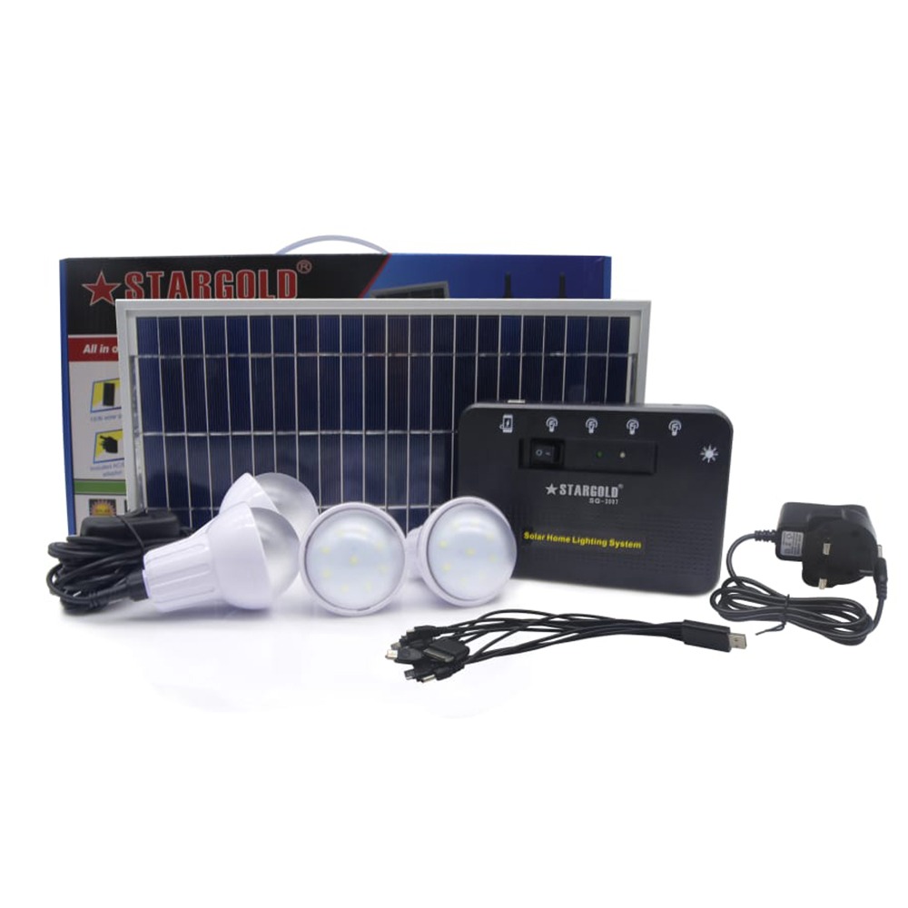 stargold-sg-3007-4-in-1-solar-lighting-system-10w-panel-4x-3.jpg Stargold SG-3007 4-in-1 Solar Lighting System – 10W Panel, 4x 3W LED Bulbs, 5000mAh Battery, USB Charging, - Image 1