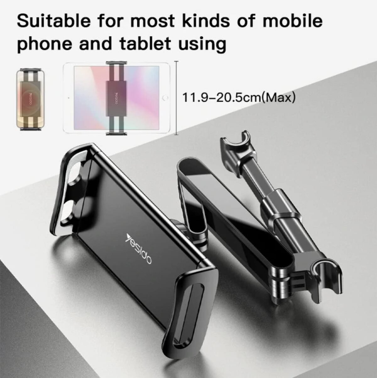Yesido C117 360° Adjustable Car Seat Headrest Phone/Tablet Holder – Foldable Arm, ABS+Aluminum – - Image 7