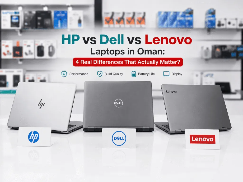 HP vs Dell vs Lenovo laptops in Oman comparison graphic by Sky Gadgets