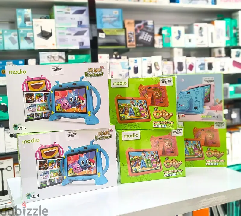 Modio kids tablets in Oman with colourful protective case, M56 and M75 models at Sky Gadgets