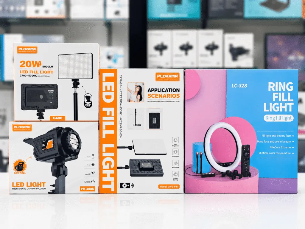 Boxed LED fill lights and ring light in Oman for photography and content creation, displayed at Sky Gadgets, including Plokama and LC-328 Ring Fill Light