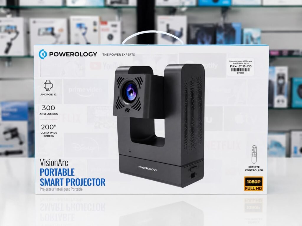 Powerology VisionArc Portable Smart Projector box in Oman with 1080P Full HD, Android 12, and 200-inch screen specs, displayed at Sky Gadgets