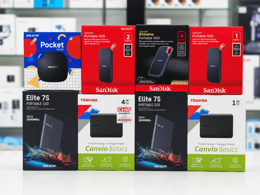 Boxed portable SSDs and storage devices in Oman on display at Sky Gadgets, including HIKSEMI, SanDisk, and Toshiba Canvio Basics