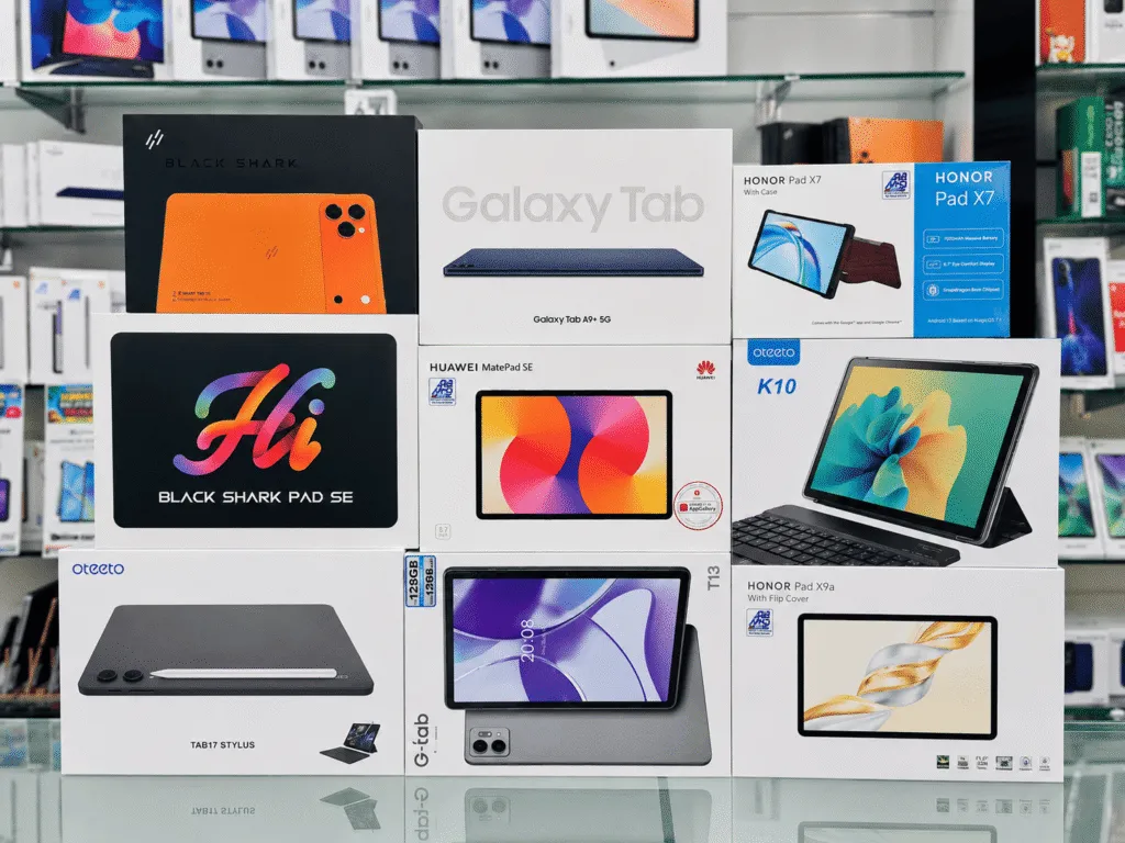 Tablets in Oman on display at Sky Gadgets, including Samsung Galaxy Tab and other brands