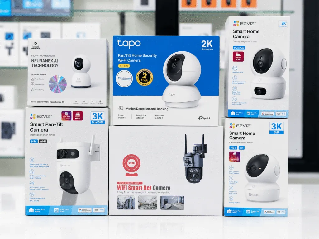 Boxed smart home security cameras in Oman on display at Sky Gadgets, including Baseus, TP-Link Tapo, EZVIZ, and V380 cameras