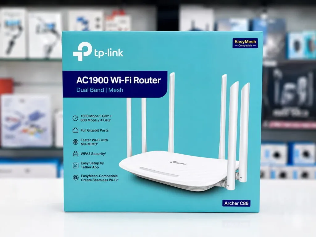 TP-Link Archer C86 AC1900 Wi-Fi Router box in Oman with EasyMesh and Gigabit specs, displayed at Sky Gadgets