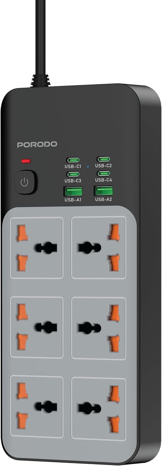 Porodo Universal Power Strip in Oman – 3000W 6 AC | Sky Gadgets Porodo 3000W Universal Power Strip in Oman at Sky Gadgets