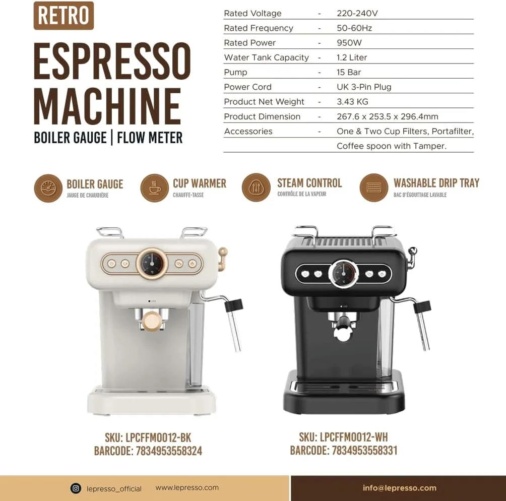 LePresso Retro Espresso Machine Boiler Gauge And Milk Steamer in Oman – Café-Style Brewing - Image 2