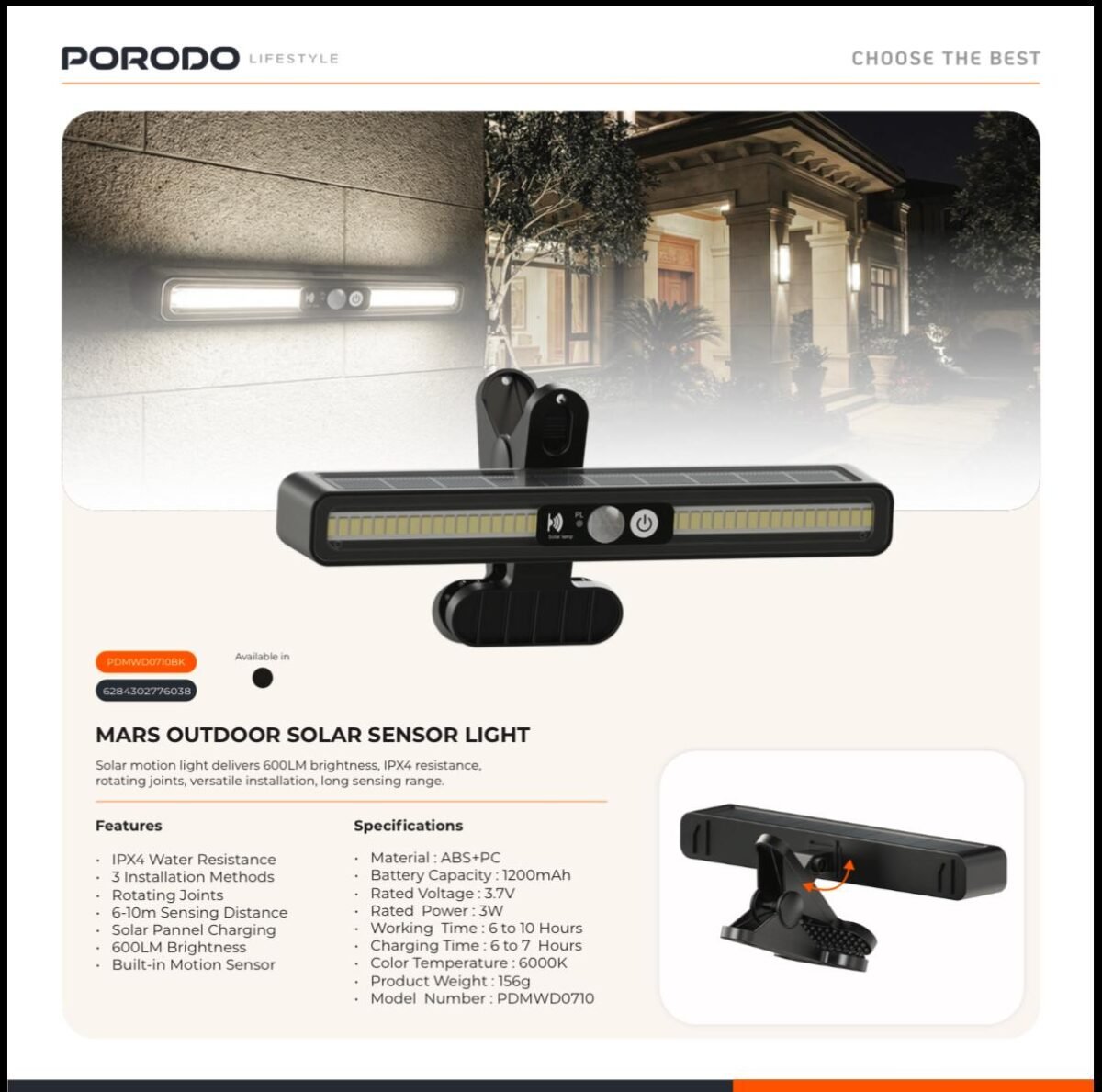 PORODO MARS Outdoor Solar Sensor Light Built-in Motion Sensor in Oman – Smart Security Lighting - Image 5