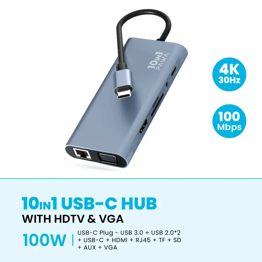 Pawa 10 in 1 USB Hub with 4K HDTV & VGA in Oman – Ultimate Connectivity Solution - Image 3