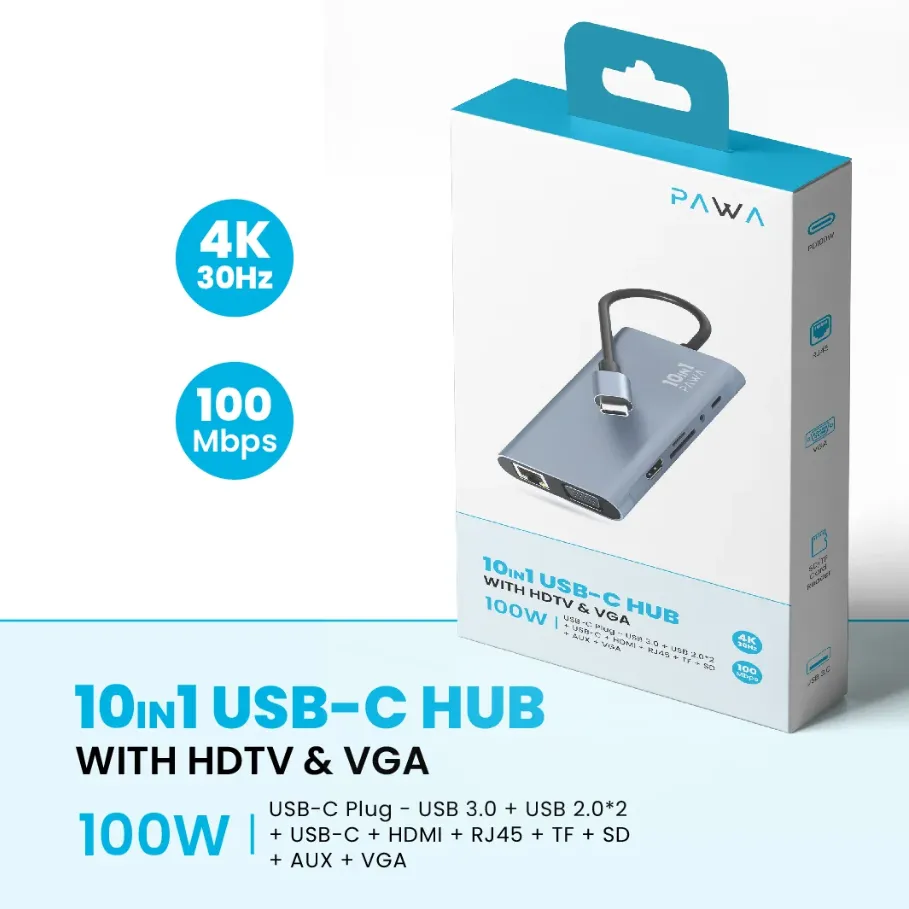 Pawa 10 in 1 USB Hub with 4K HDTV & VGA in Oman – Ultimate Connectivity Solution - Image 4
