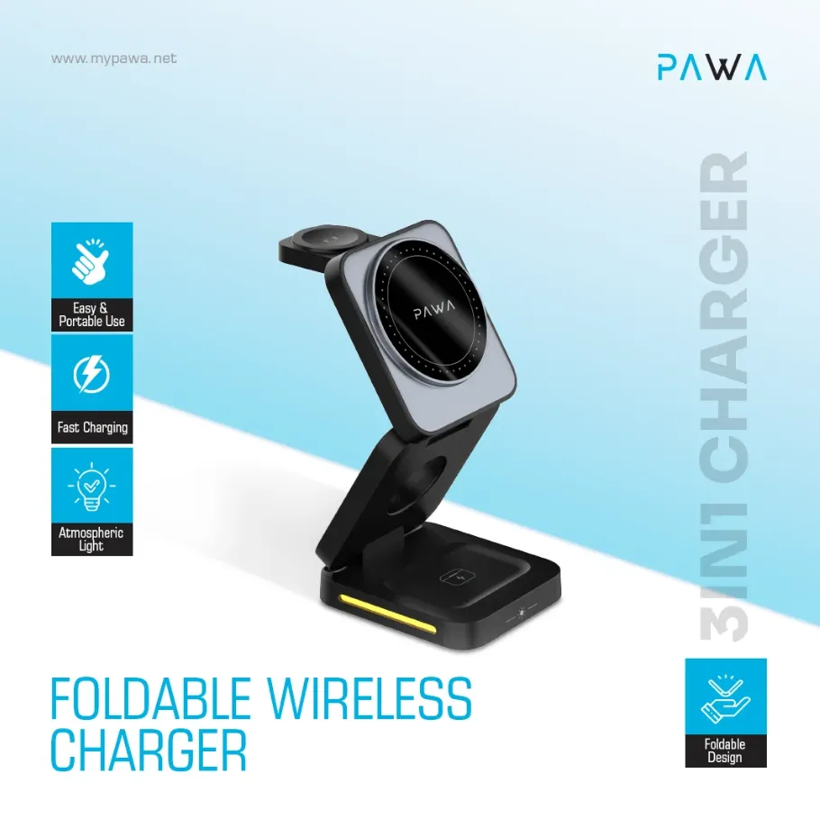 Pawa Foldable 3in1 Wireless Charger in Oman – Fast Charging for Multiple Devices - Image 2