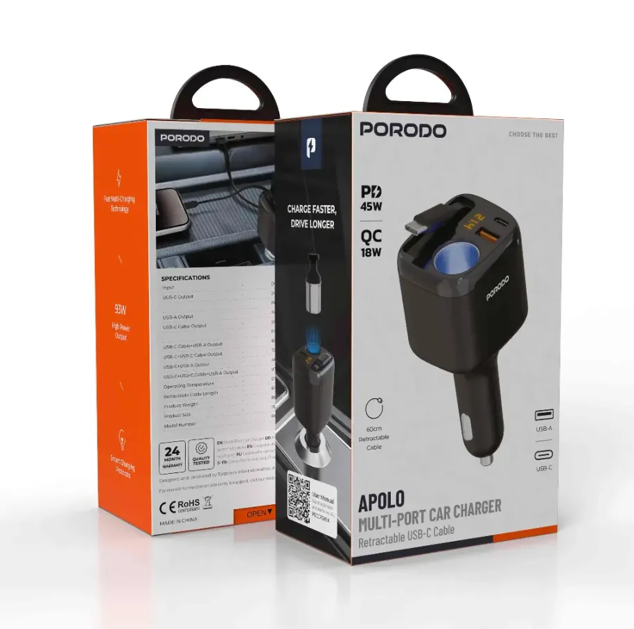 Porodo Apolo Multi Port Car Charger Built In USB C Cable PD R34 in Oman – Fast Multi-Device Charging - Image 5