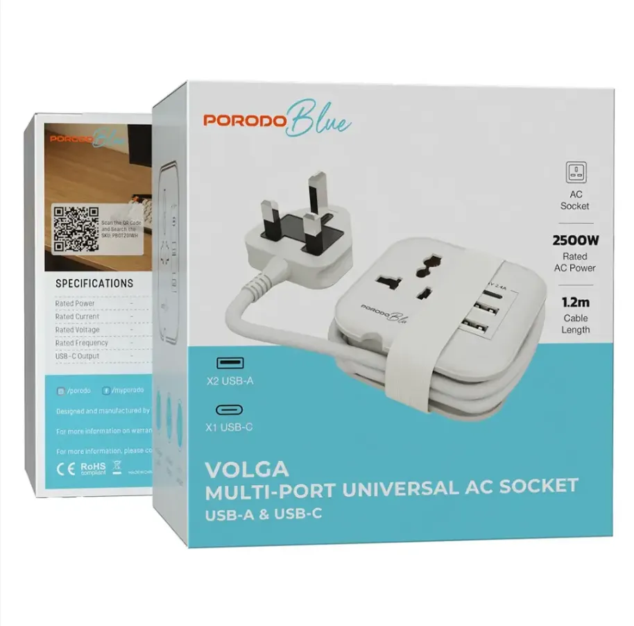 Porodo Blue Volga Multi-Port Universal AC Socket USB-A & USB-C in Oman – Fast Multi-Device Charging - Image 5