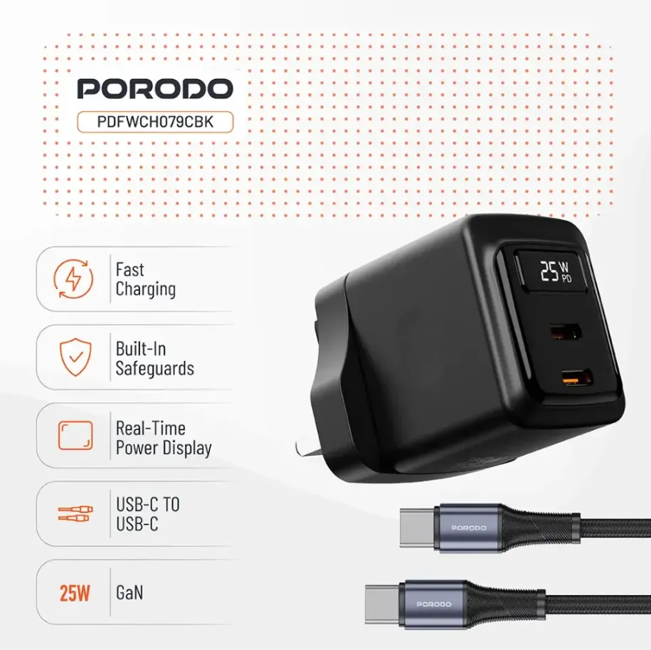 Porodo GaN 65W Multi Port Wall Charger with Type-C to Type-C Cable in Oman – Fast Charging Solution - Image 2