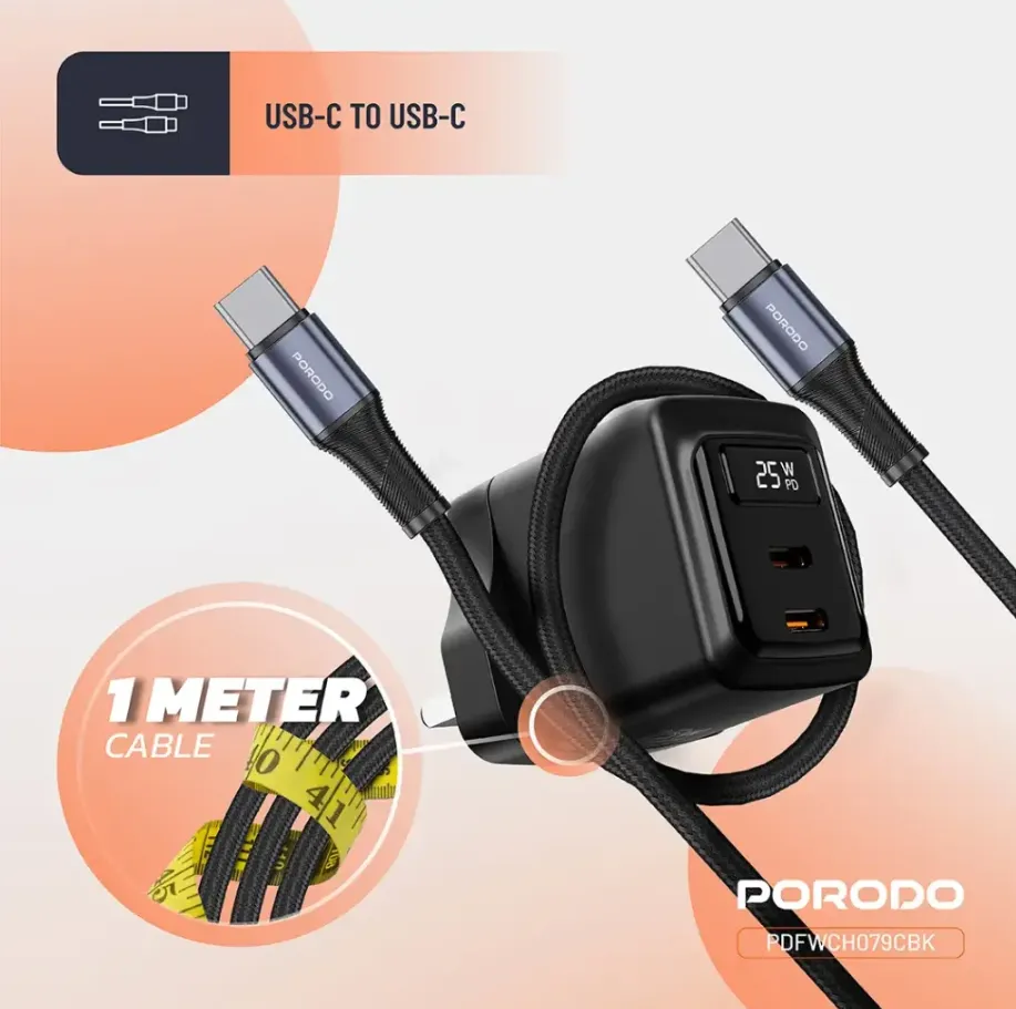 Porodo GaN 65W Multi Port Wall Charger with Type-C to Type-C Cable in Oman – Fast Charging Solution - Image 3