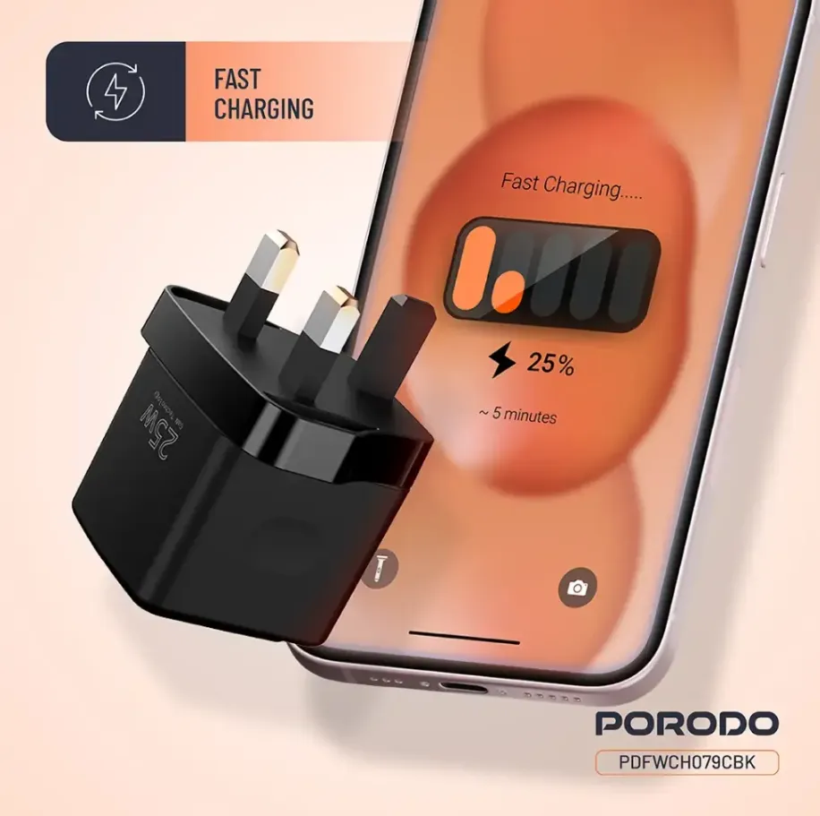 Porodo GaN 65W Multi Port Wall Charger with Type-C to Type-C Cable in Oman – Fast Charging Solution - Image 4