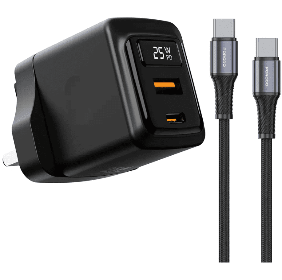 Porodo GaN 65W Multi Port Wall Charger with Type-C to Type-C Cable in Oman Porodo GaN 65W Multi Port Wall Charger with Type-C to Type-C Cable in Oman – Fast Charging Solution - Image 1